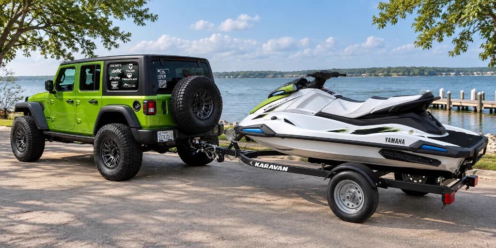 2026 Mojito Clear-Coat Jeep Wrangler with Yamaha VX Deluxe WaveRunner on trailer